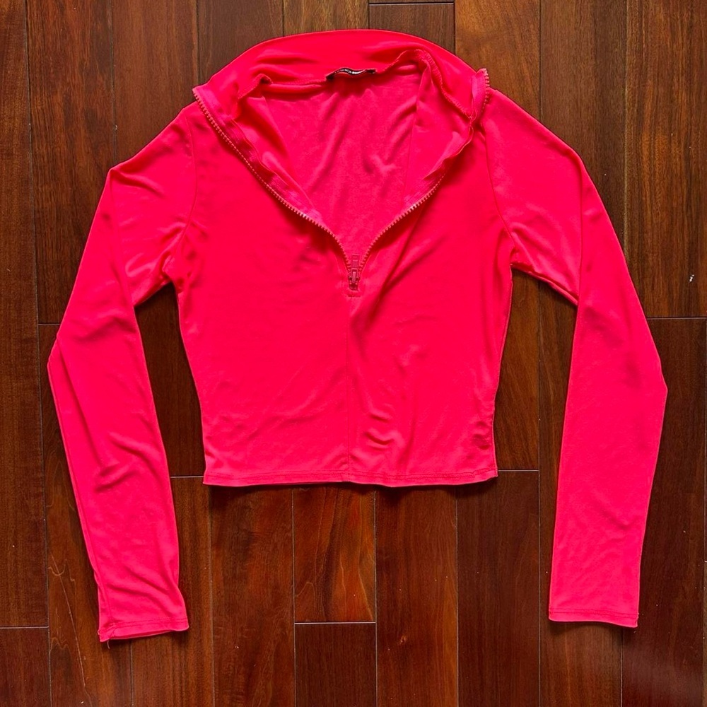 Fashion Nova Pink Long Sleeve Crop Polo Top